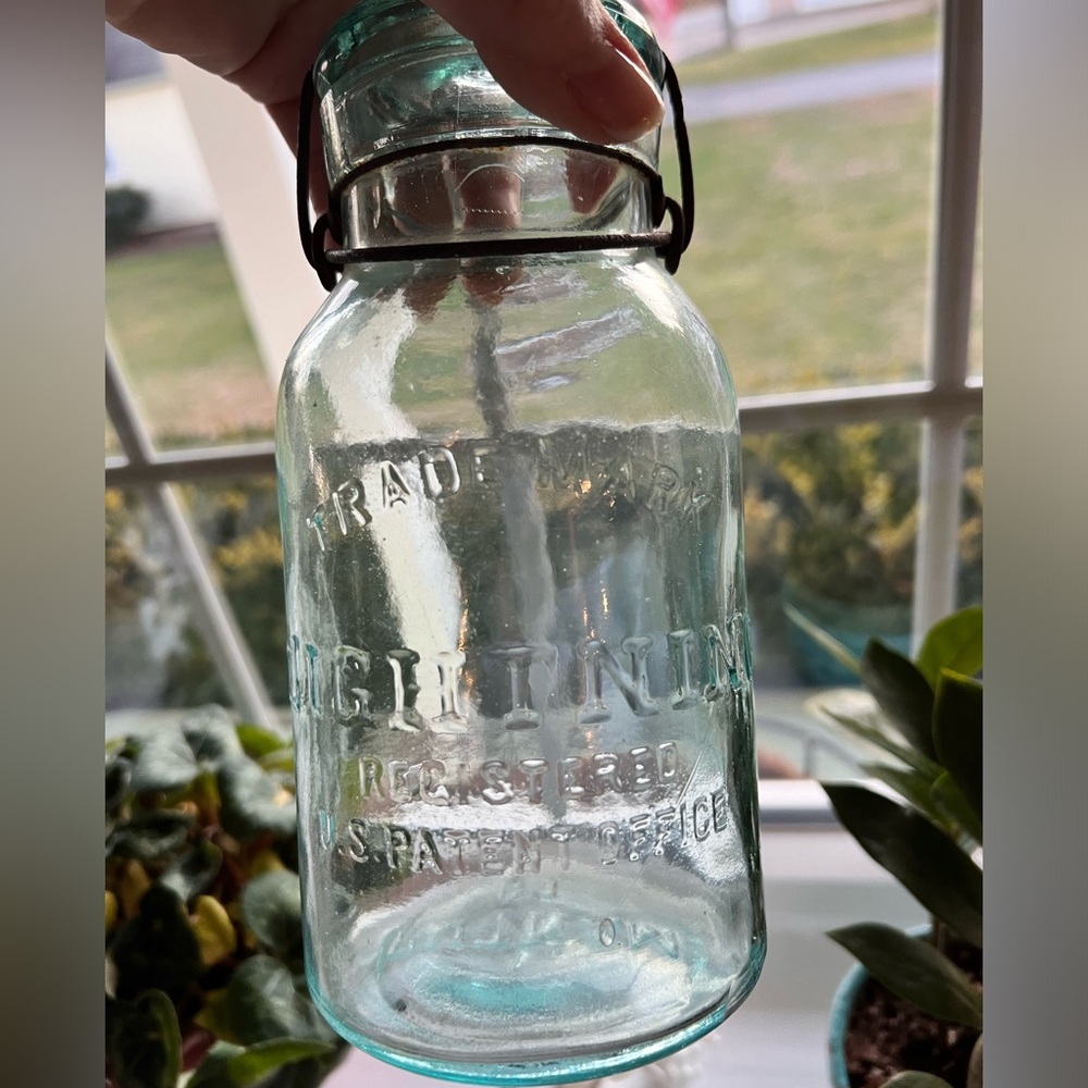 Antique Trade Mark Lightning Putnam Aqua Blue Glass Fruit Canning Jar 8 Inch